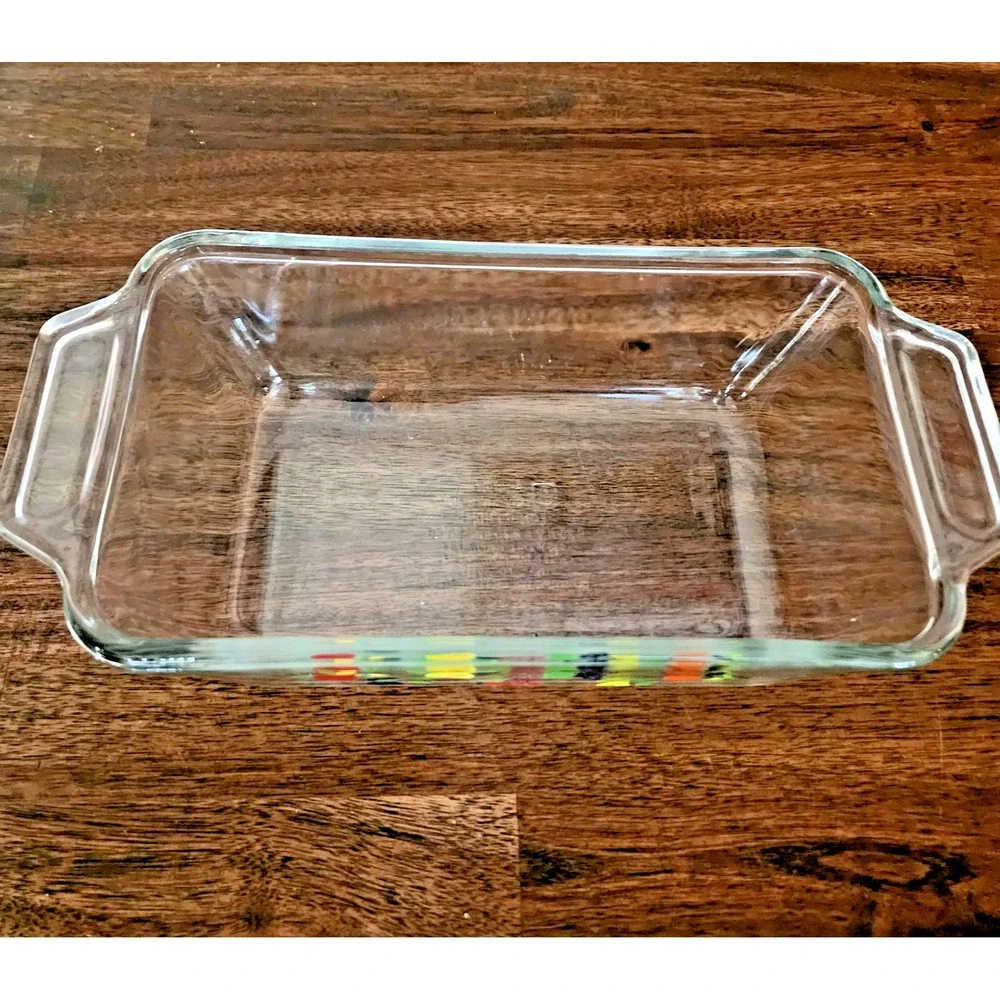 1990 Ovenware Anchor Glass Loaf Pan with Handles & Fruit Motif 1.5 qt.